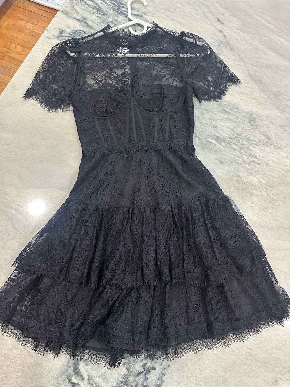 Astr Black Lace Tiered Mini Dress with Sheer Yoke